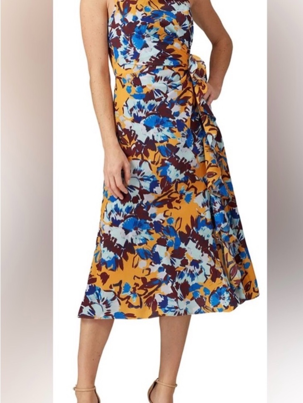 Prabal Gurung Mustard Floral Maxi Dress with Blue and Burgundy Accents